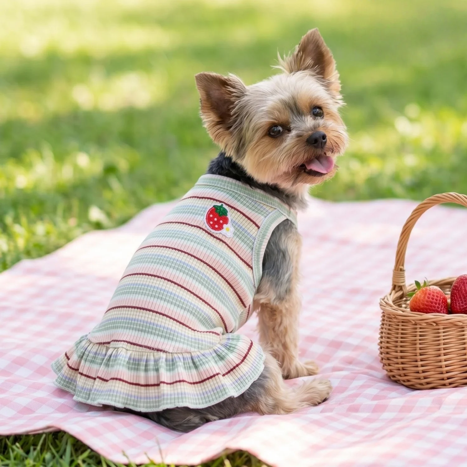 1 Stück Erdbeer-Gestreiftes Haustierkleid für Hunde und Katzen, Sommerliche Weiche Atmungsaktive Kleidung für Kleine Haustiere