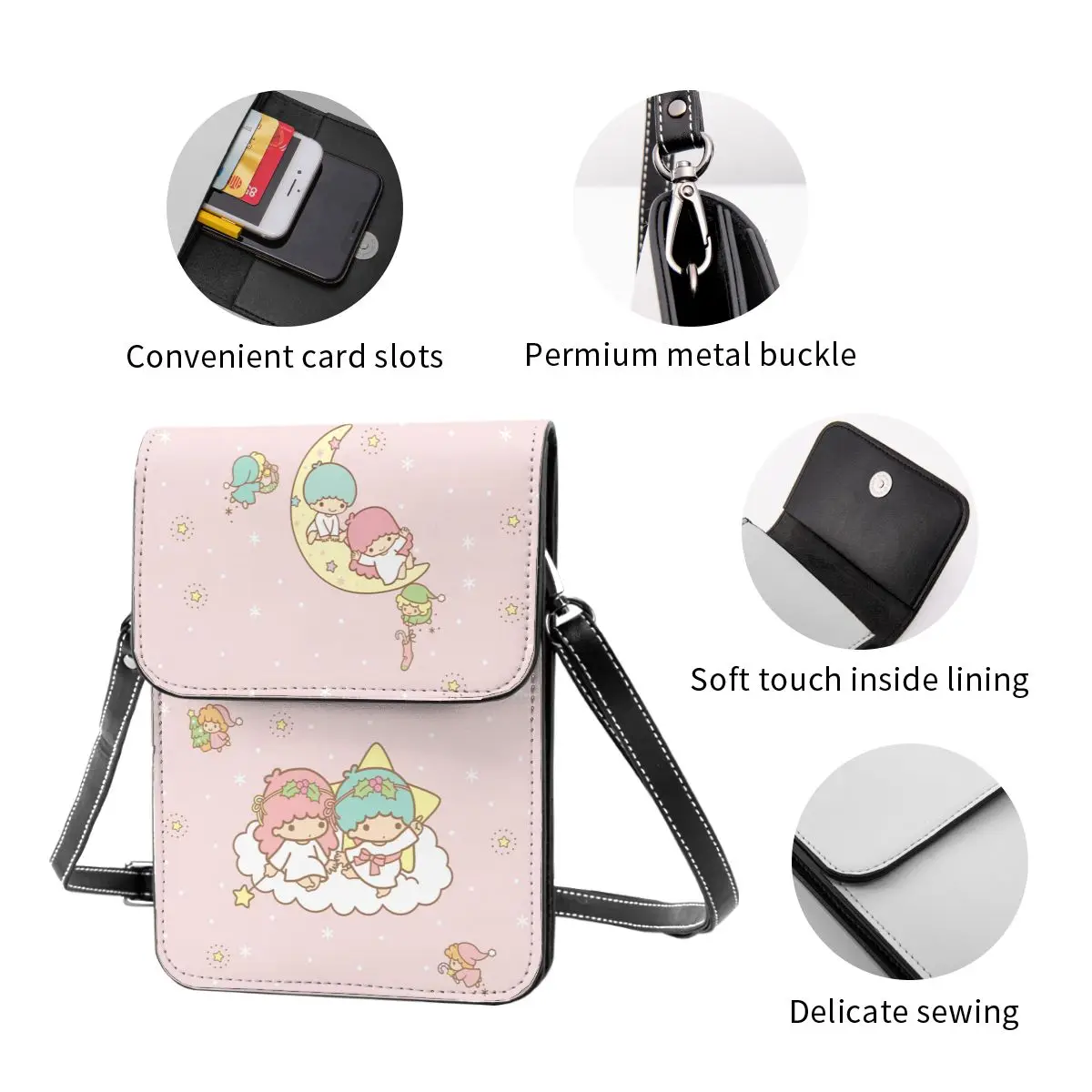 Cute Sanrio Bags Merch Little Twin Stars Cell Phone Purse Leather Card Holder Wallet Street Girl Crossbody Bag Durable