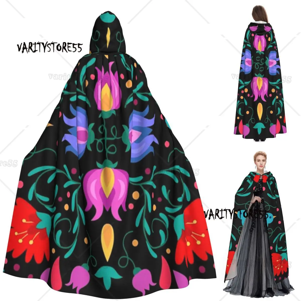 

Традиционный мексиканский красочный длинный плащ с капюшоном, средневековый костюм ведьмы, накидка для косплея, накидка на Хэллоуин, вампир, для взрослых, унисекс