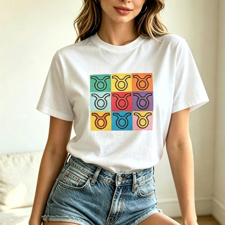 Retro Color Block Taurus Zodiac T‑Shirt Women Men Vintage Square Grid Taurus Symbol Cotton Short Sleeve Tee Astrology Casual
