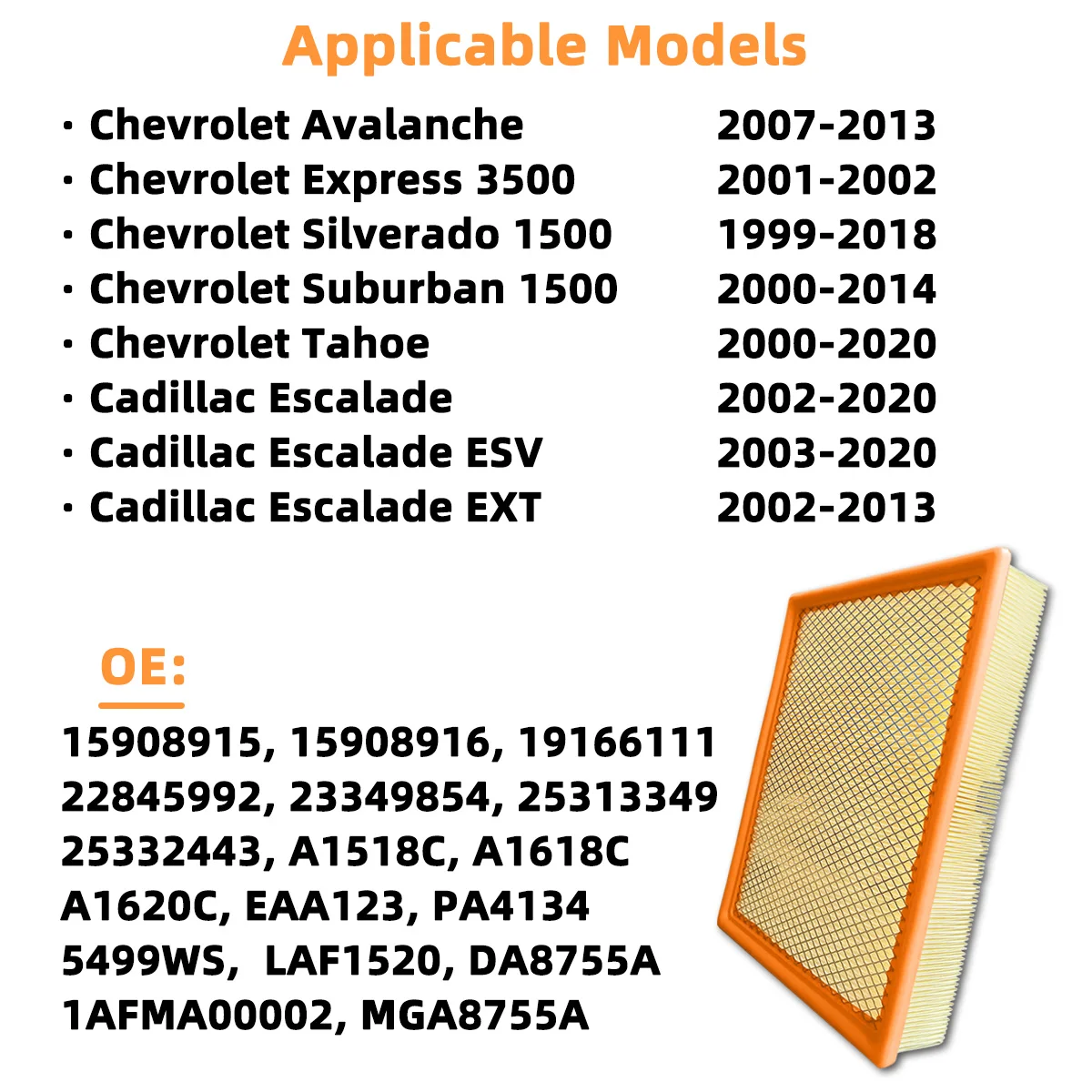 1/2/5 Stück Auto-Motorluftfilter CA8755A Passend für Cadillac Escalade Chevrolet Silverado 3500 Express GMC Sierra Yukon, 15908915 – Detail 7