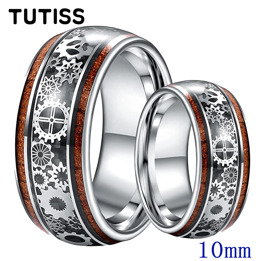 

TUTISS 10mm Large Width Gear Ring Men Women Tungsten Quality Wedding Band With Wood Inlay In Stock Comfort Fit