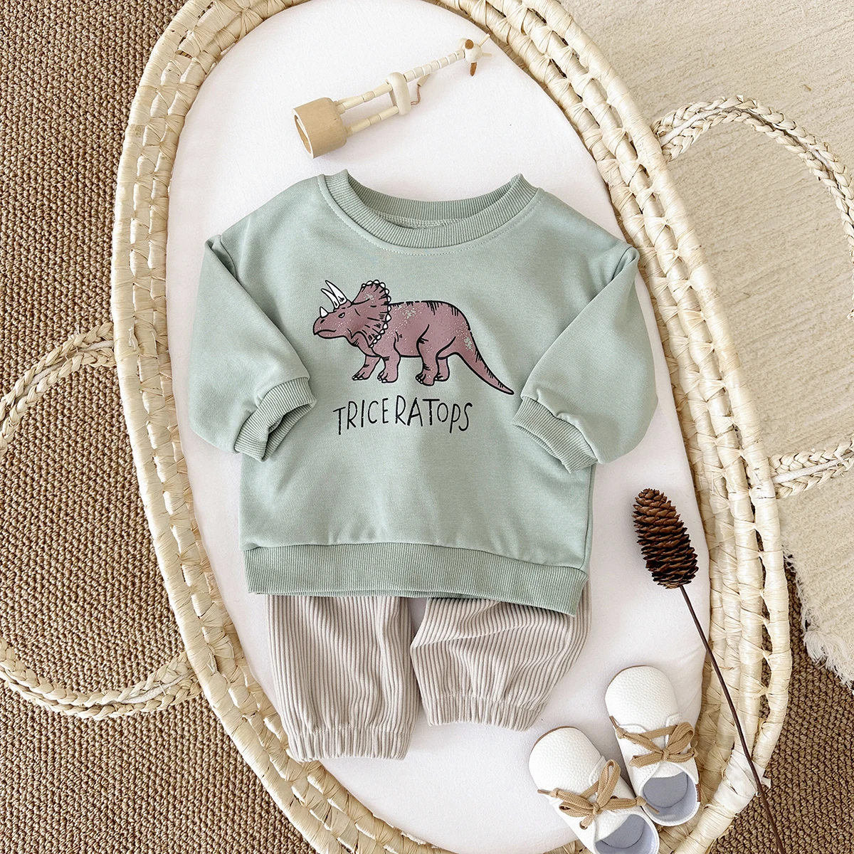 2PCS Newborn Baby Boys Clothes Set Dinosaur Prints Sweater+corduroy Pants Children\'s Clothing Girls Outfit Cotton Suit Spring