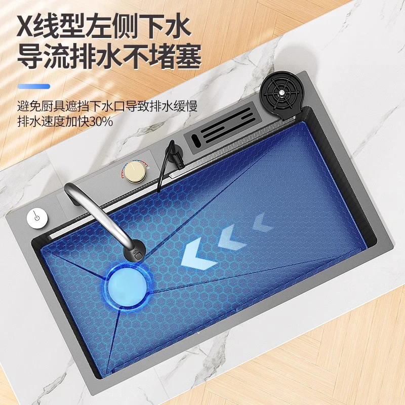 Cozinha 304 aço inoxidável cachoeira de peixe voador bacia vegetal, pia de máquina de lavar louça doméstica, pia única grande