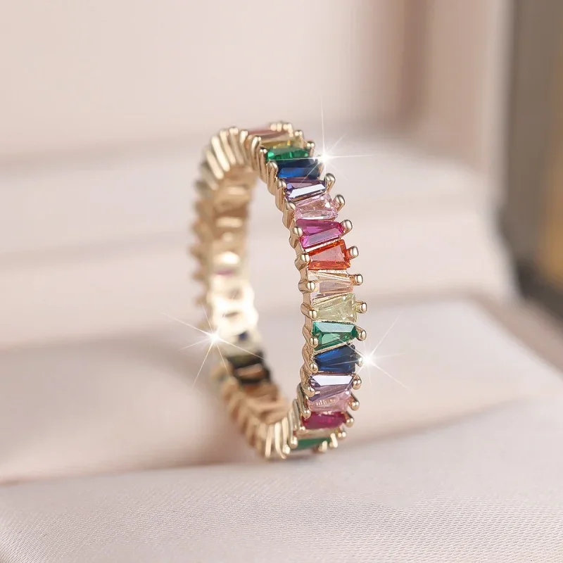 New Rainbow Ladder Zircon Ring From Europe and America Attends Banquet with Elegant, Niche and Colorful Design Accessories