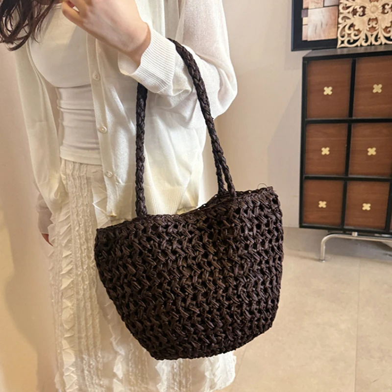 Vintage Brown Woven Shoulder Bag,summer Vacations Beach Bucket Bag,   ,large Capacity Casual Shopping Bag