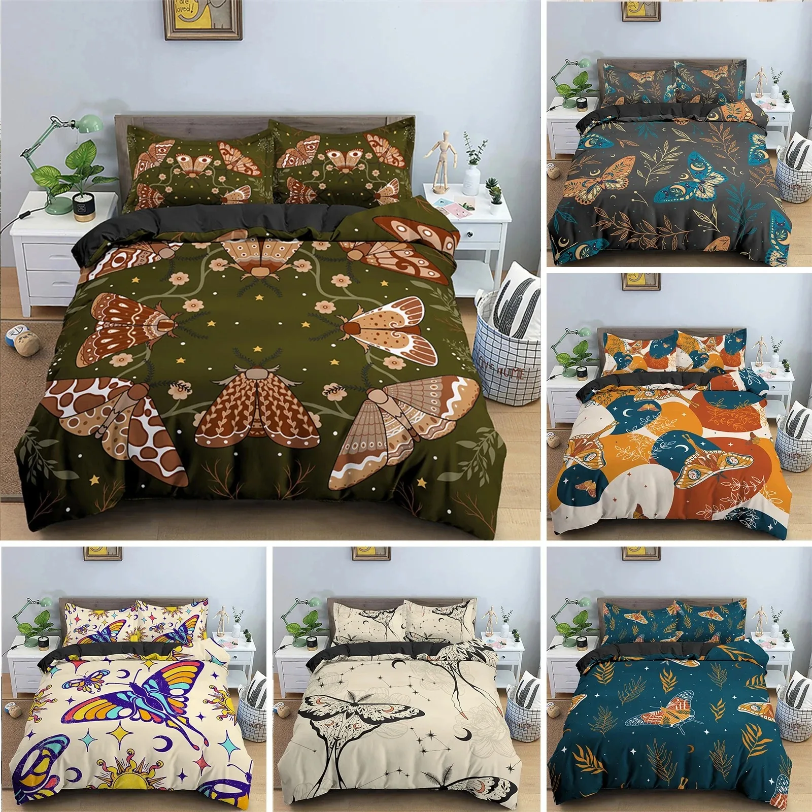 

Butterfly Bedding Set Full King Size Hippie Boho Moth Duvet Cover Microfiber Animal Botanical Psychedelic Starry Sky Quilt Cover