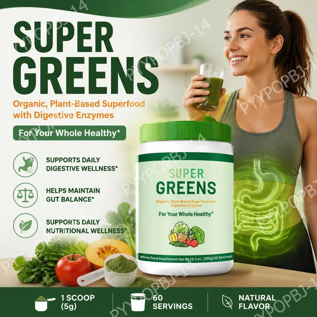 Super Greens Powder Organic Plant-Based Whole Food Blend with Digestive Enzyme Formula, Pre and Probiotic Blend, 60 Servings
