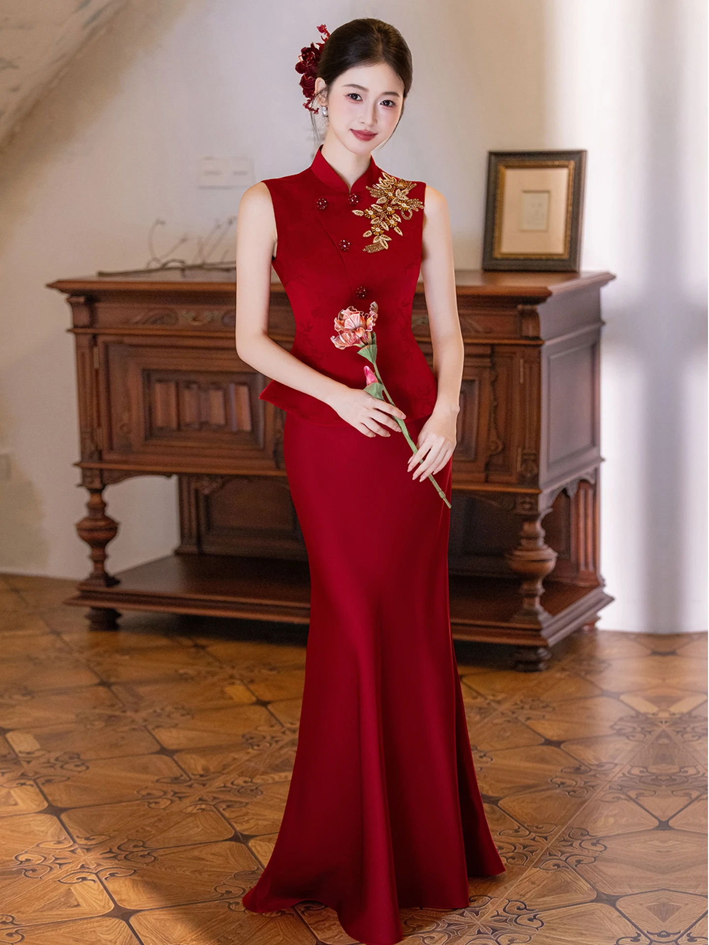 

Red Wedding Dr New Chinese Sle Morning Robe Women's New Brideom Ceremony Evening Gown Ele Aosphere Vintage Embr...