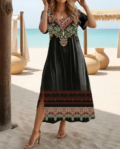 Imagen 2 del producto Vestido étnico bohemio con estampado floral informal de vacaciones de manga corta de talla grande