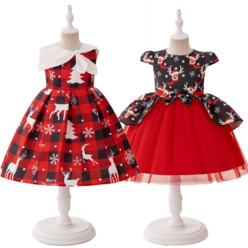 Girls Elk Snowflake Christmas Dresses Carnival Cosplay Halloween Costumes Red Plaid Birthday Party Dress Xmas Deer Kids Clothing