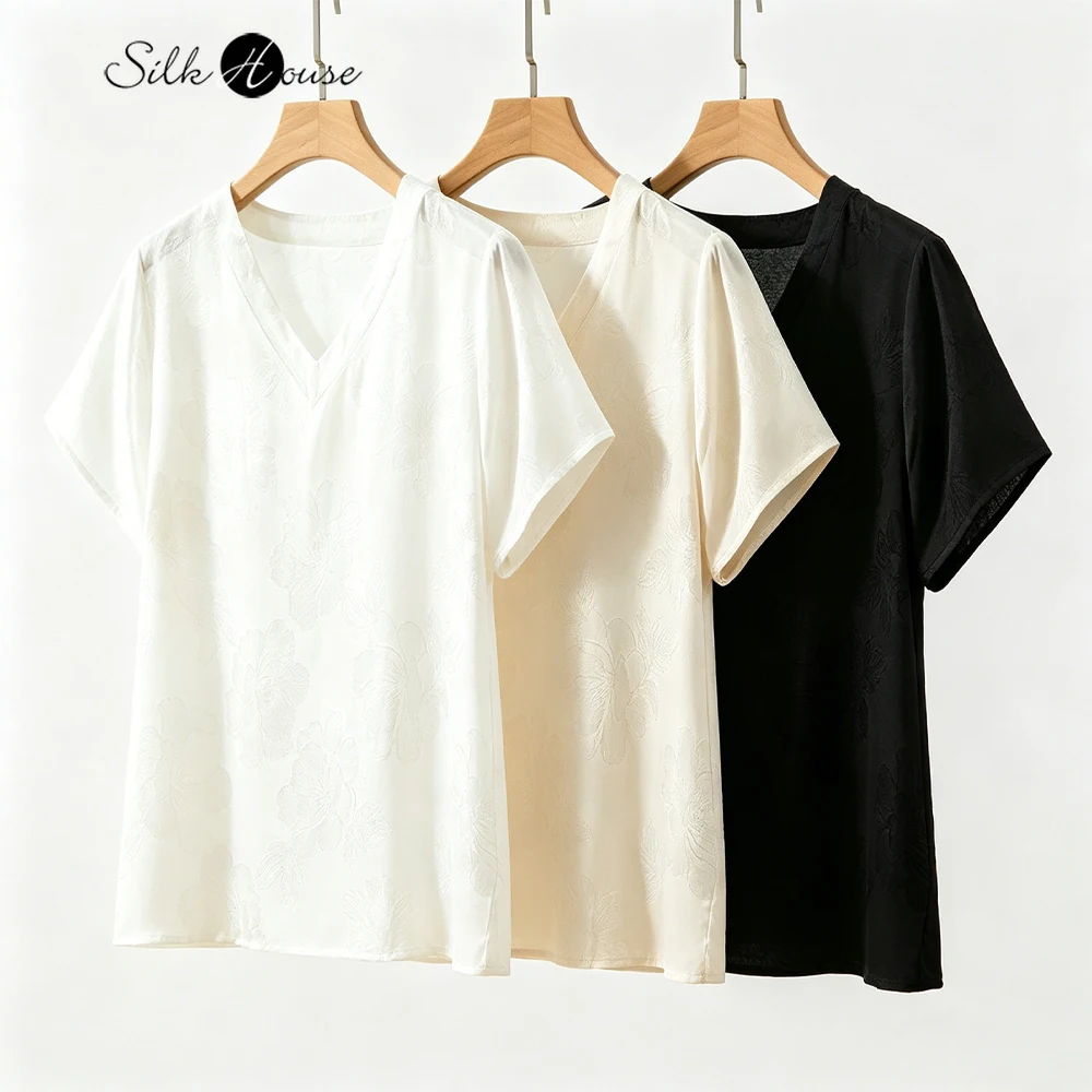 

2026 Women's Casual Summer Clothing 100% Natural Mulberry Silk Frosted Ghost Crepe Jacquard V-neck Short Sleeved Solid T-shirt