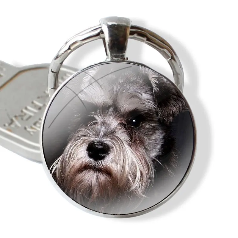 Miniature Schnauzer dog Keychain Handmade Glass Cabochon Key Ring Holder Pendant Key Chains