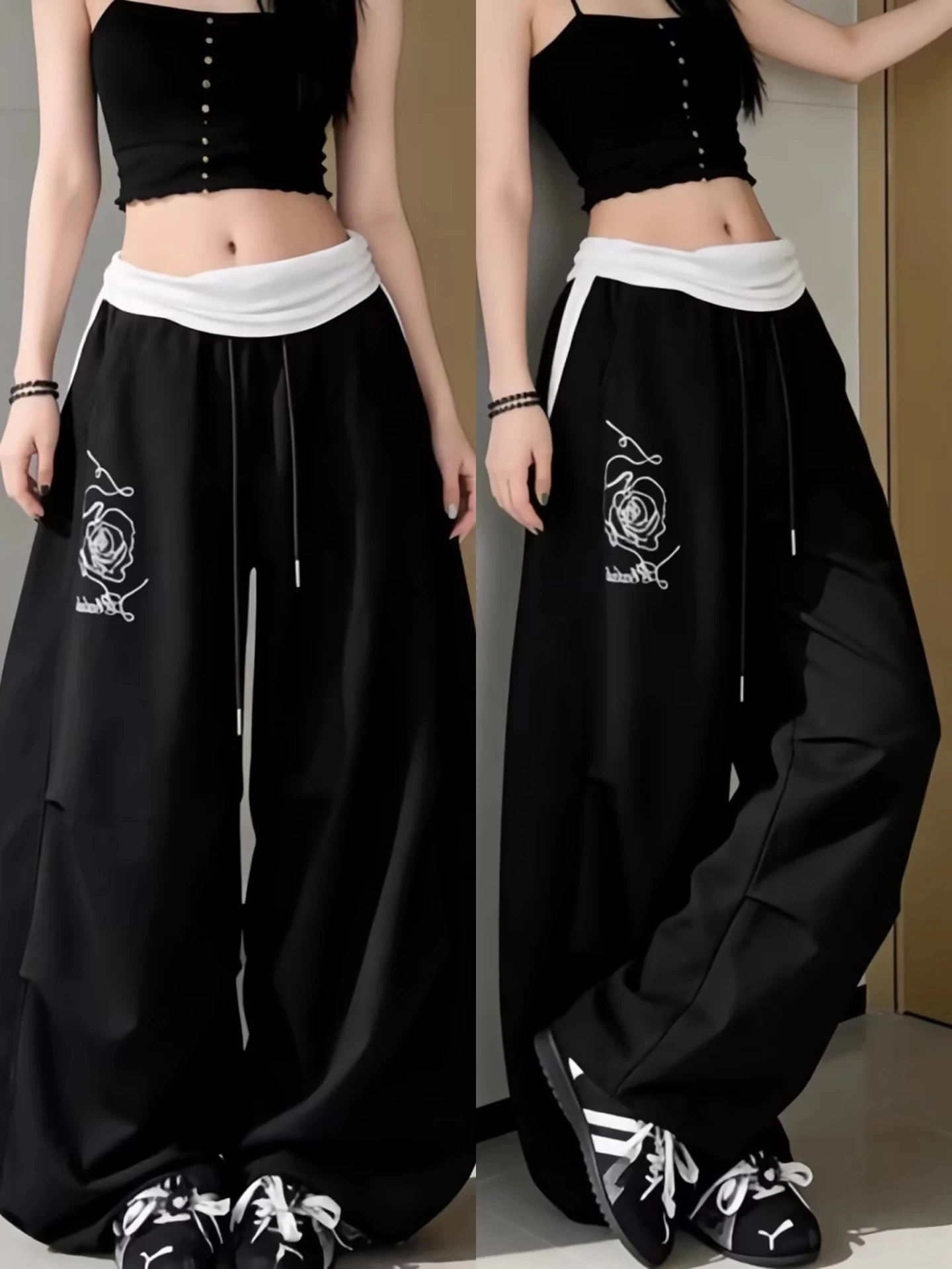 American Street Style Wide Leg Pants Women's Black Jazz Dance Pants Casual Trousers Color Block Waist Head Ladies Pants