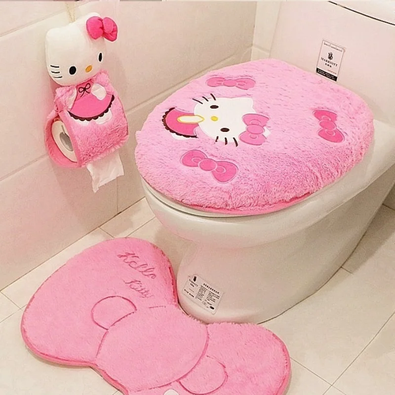 

Hello Kitty Toilet Seat Cover Floor Mats Tissue Box Washable Soft Winter Cute Warm Household Bathroom Toilet Mat Accessories Gif