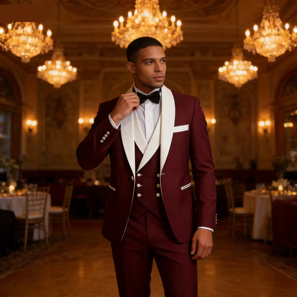 

Slim Fit Jacket for Men, Formal Suits, Male Jacket, Men's Blazer, Red and Grey, Business, Plus Size, 3 PCs