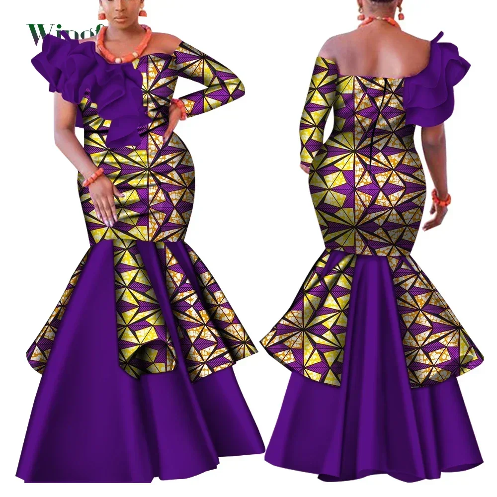 Dashiki Afrikanisches Kleid für Frauen Bazin Riche One-Shoulder Sexy Slash Neck Hochzeitskleid Traditionelle afrikanische Kleidung WY4224