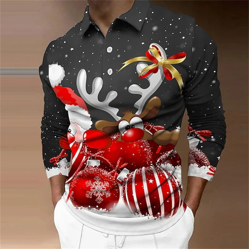 

3D Printed Santa Claus Pattern Men's Long Sleeve Polo Shirt Funny Christmas Elements Turn-down Collar Buttoned Men Clothing Tops