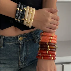 3Pcs Chunky Bamboo Bangle Bracelets for Women Fashion Stack Layered Curved Tube Stretch Bracelets Set Steampunk Jewelry Gifts