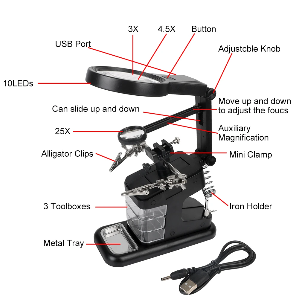 Supporto per Clip a coccodrillo a LED illuminato a mano 3 strumento per saldatura con supporto per saldatore con lente d'ingrandimento 3X/4.5X/25X