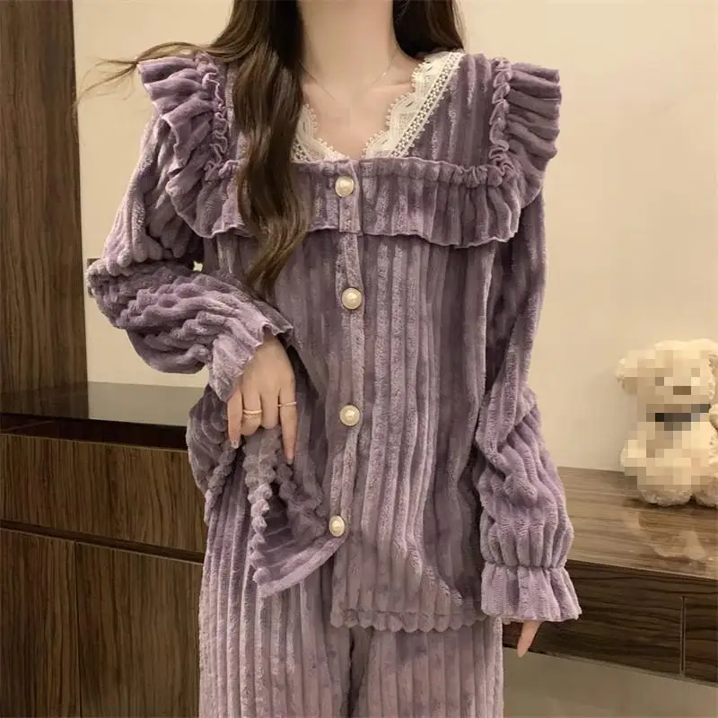 Women Purple Striped Flannel Pajama Set Sweet Lace Ruffle Pearl Button Long Sleeve Warm Homewear Autumn Winter Two-Piece Set