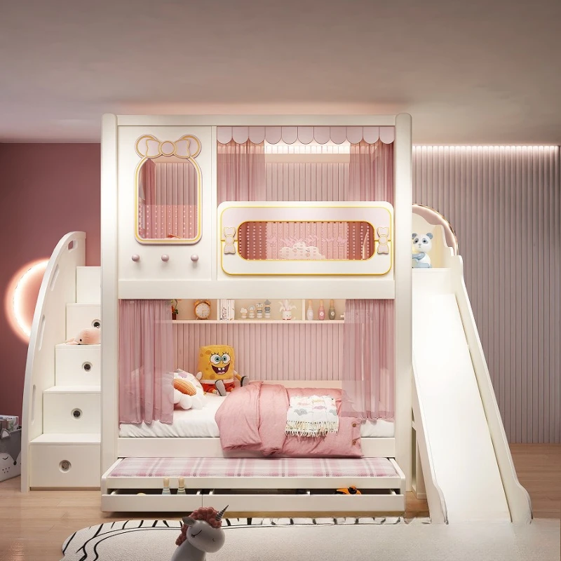 Upper and lower beds Castle slide beds, multifunctional pink high guardrail