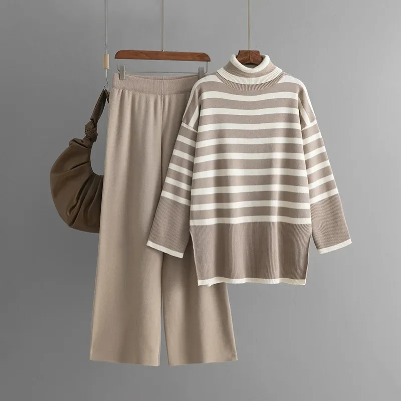 

High neck sweater women's autumn and winter new loose design knitted sweater pullover top two-piece set