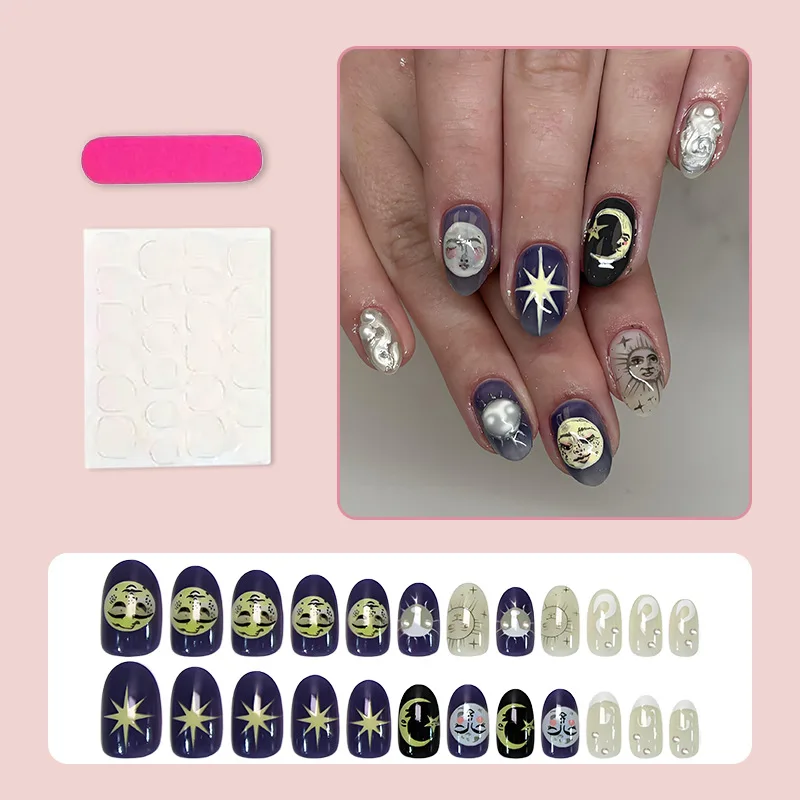 24PCS Hand-drawn illustration style Stars moons the sun god wearing nail art High-end oval artificial nails