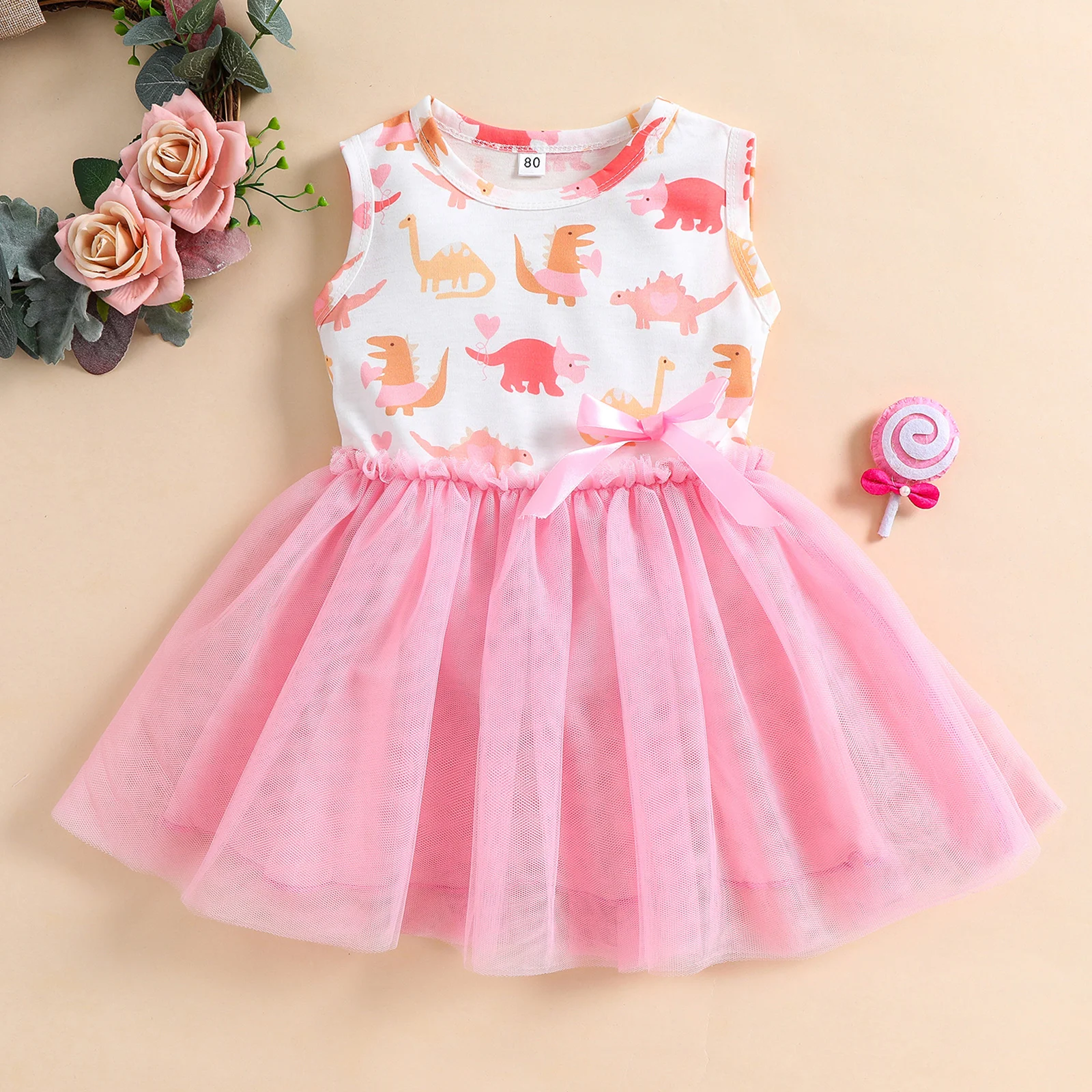 Summer 1-5 Years Little Girl Princess Dress Clothing Baby Girl Sleeveless Dinosaur Print Mesh Dress For Kids Girl Party