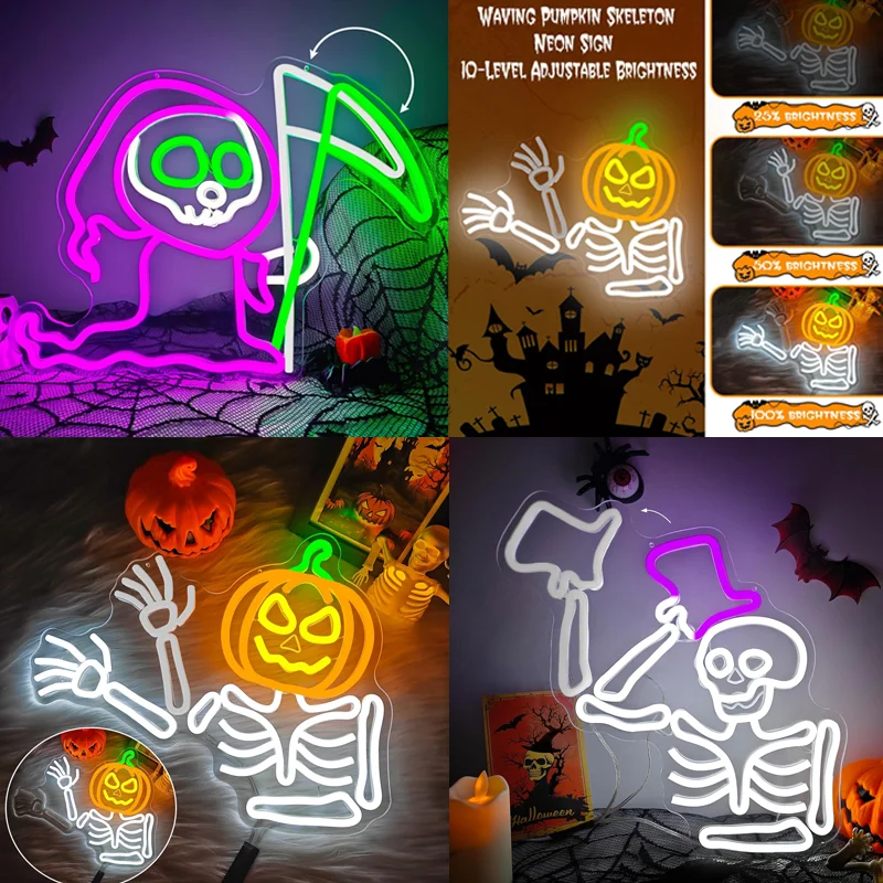 

Призрак Череп Мерцание Неоновая Вывеска Скелет Тыква Светодиодные Вывески Настенный Декор для Хэллоуина Окно Вечеринка Игровая Комната Бар Спальня Человек Пещера