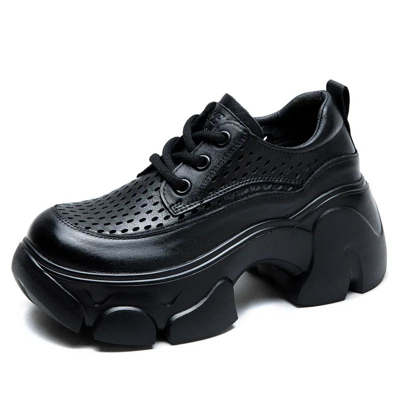 

7CM Genuine Lether Summer 2025 New Retro Korean Style Breathable Mesh Surface Versatile Loafers Heightening Sandals for Women