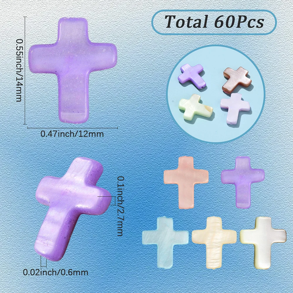 1 Box 60Pcs Mother of Pearl Beads Shell Beads Bulk Crucifix Ocean Easter Colorful Dyed Small Crosses Spacers for Jewelry Making