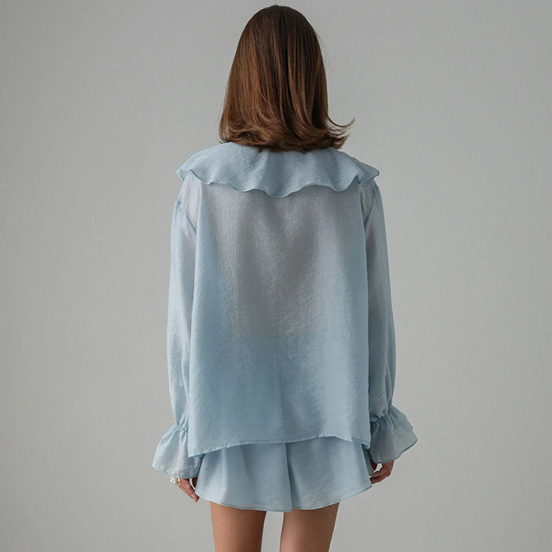 Tornova Ruffled Shirt Shorts Suit For Women Lace Up V neck Casual Top Loose Shorts High Waist Fashion Office Lady Party Clothes