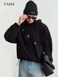 Amii Drawstring Hooded Splicing Imitation Lamb Wool Sweatshirt Embroidered 2024 Winter Women's Loose Thermal Tops 12444131