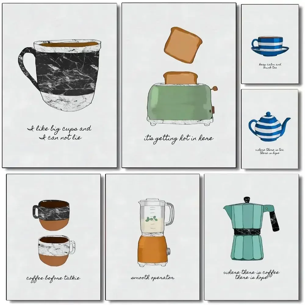 Toaster Teapot Coffee Pot Kettle Blender Nordic Poster Self-adhesive Art Waterproof Paper Sticker Room Wall Decor