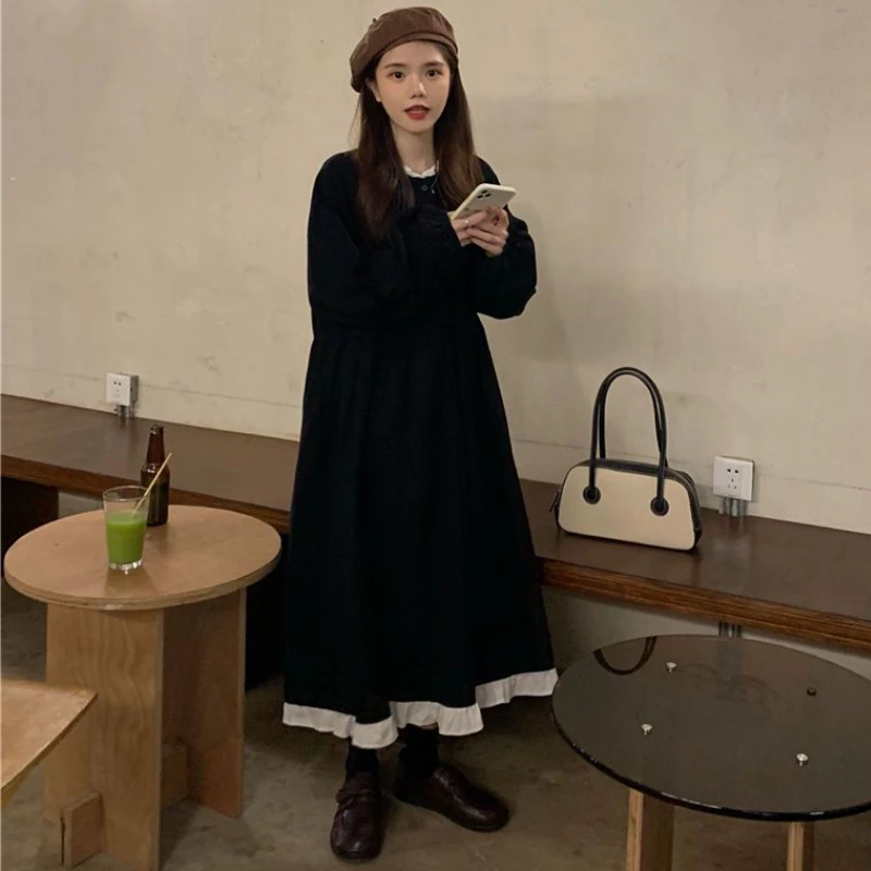 Long Sleeve Dresses Women Sweet Ruffles Young Spring College Midi Dress Loose Korean Chic Temper Gentle Vestido Longo Feminino