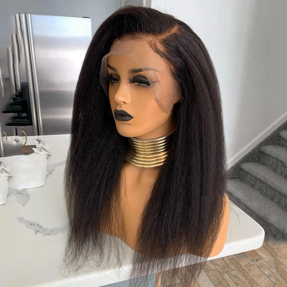 Perruque Lace Front Wig Yaki crépue longue noire, 26 pouces, densité 180, cheveux de bébé, pre-plucked, sans colle, degré de chaleur 03/