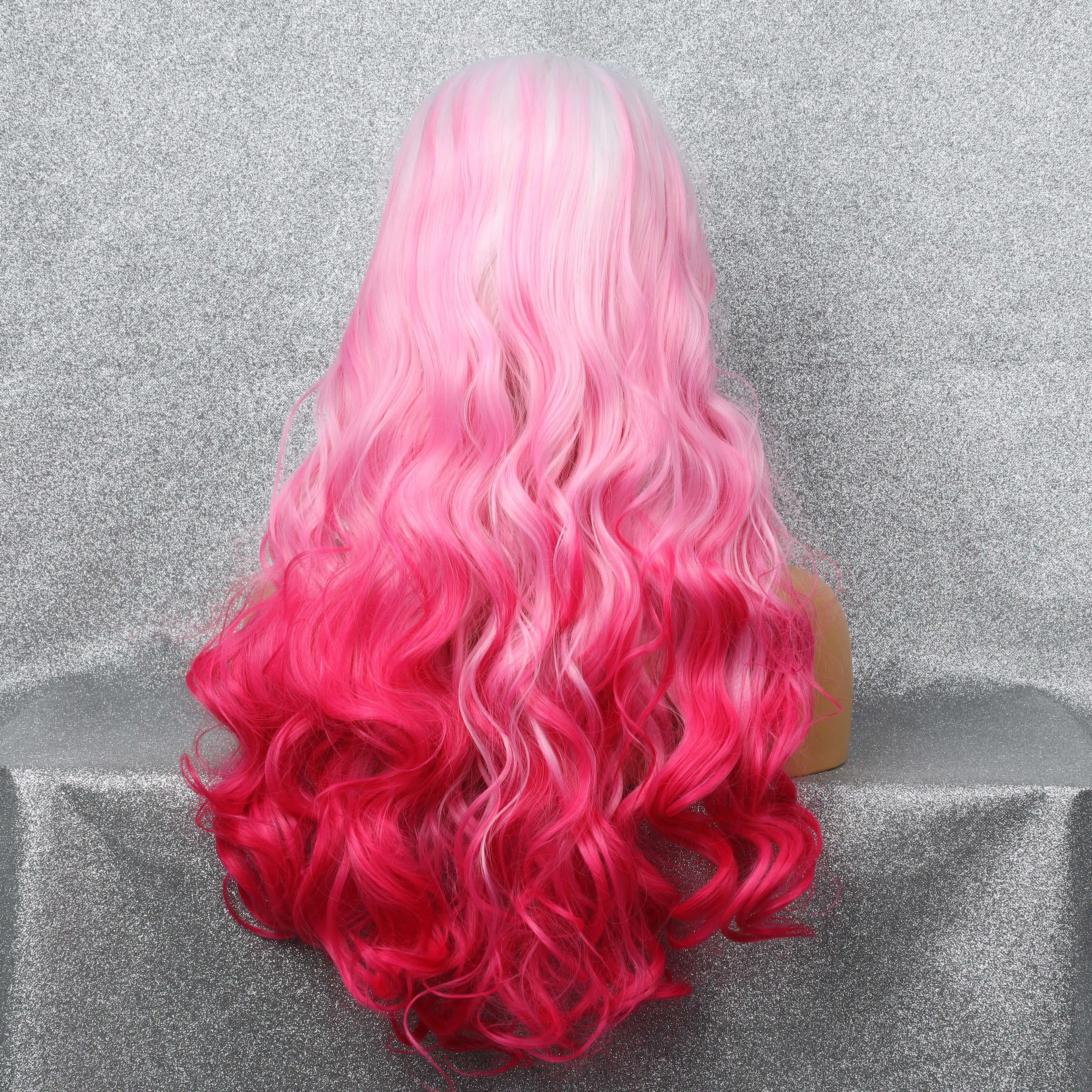 Front Lace Synthetic White Pink Red Gradient Wig Lightweight Fashion Breathable Heat Resistant Comfortable Party Cosplay Wig