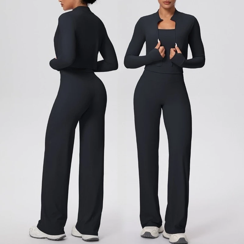 

Женский однотонный комплект для йоги, облегающий быстросохнущий жилет в форме креста, широкий комплект из трех предметов, спортивный комплект для фитнеса и бега