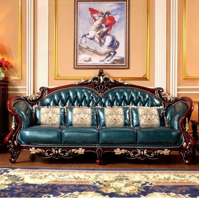 European leather sofa, solid wood red sandalwood medium and small living room sofa combination