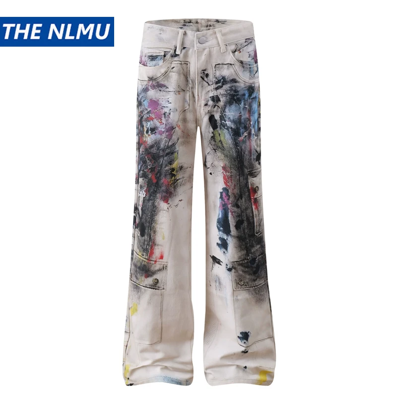 

Vintage Washed Splatter Paint Jeans Men Women Artistic Graffiti Wide Leg Denim Pants Trousers 2025 Autumn