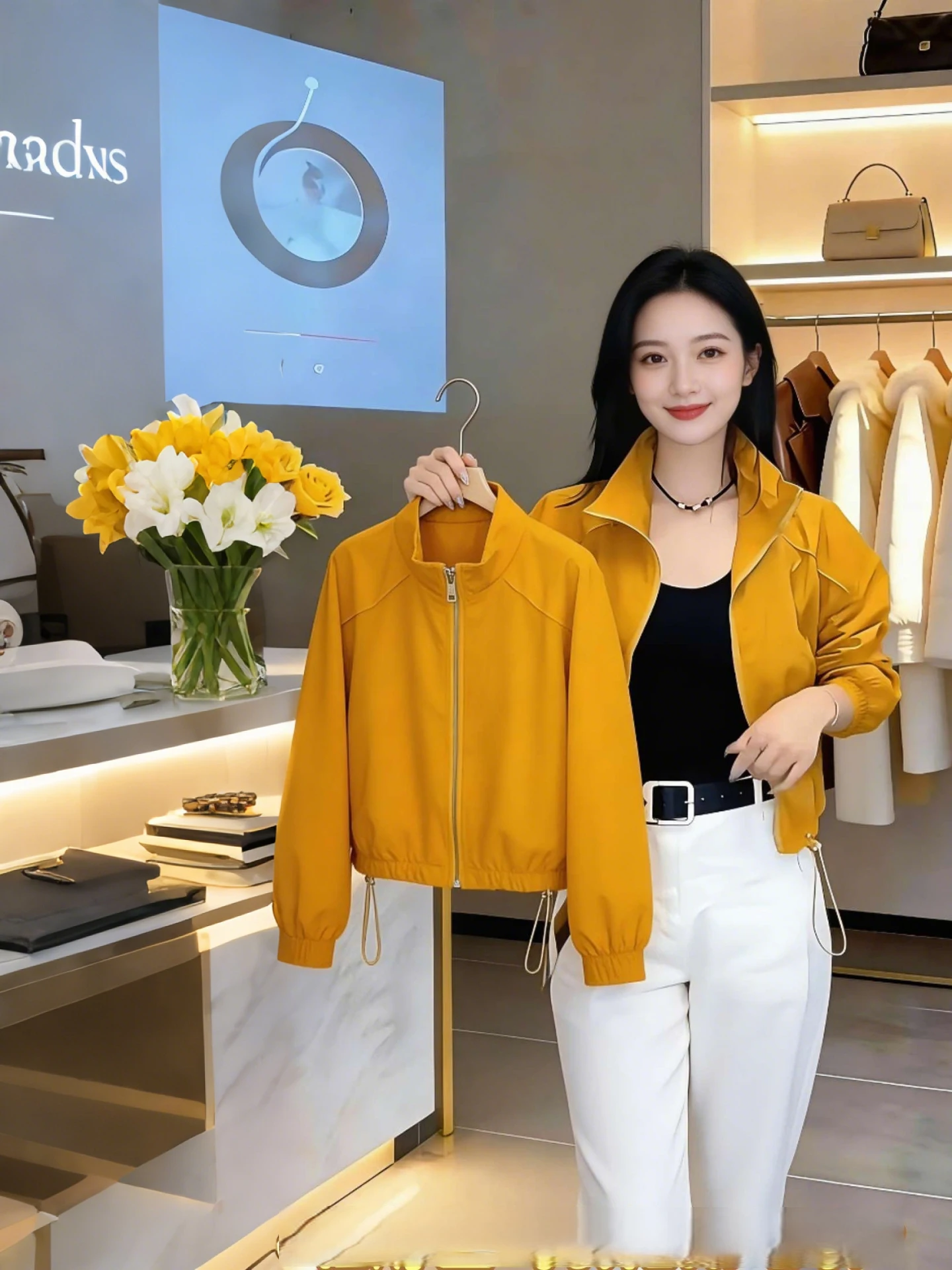 Chaqueta Corta con Cuello Alto para Mujer, Ligera, Moderna, Color Amarillo Mostaza, Nueva Colección de Verano, Ropa de Protec...