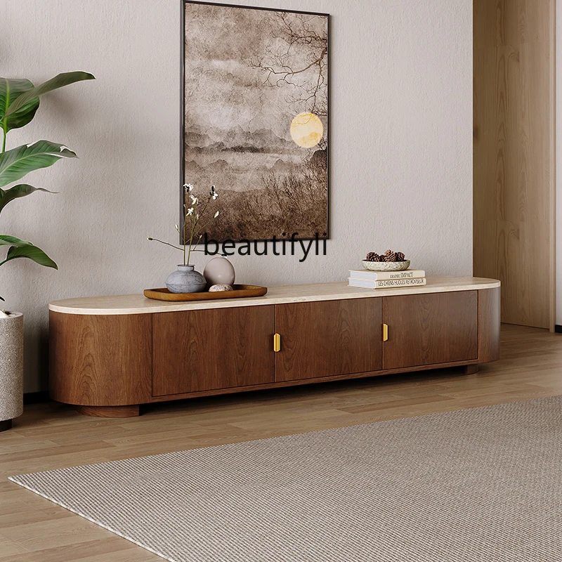 

Wabi Sandy Wind Natural Travertine Solid Wood Floor TV Cabinet Modern Simple Living Room Home Wall Locker