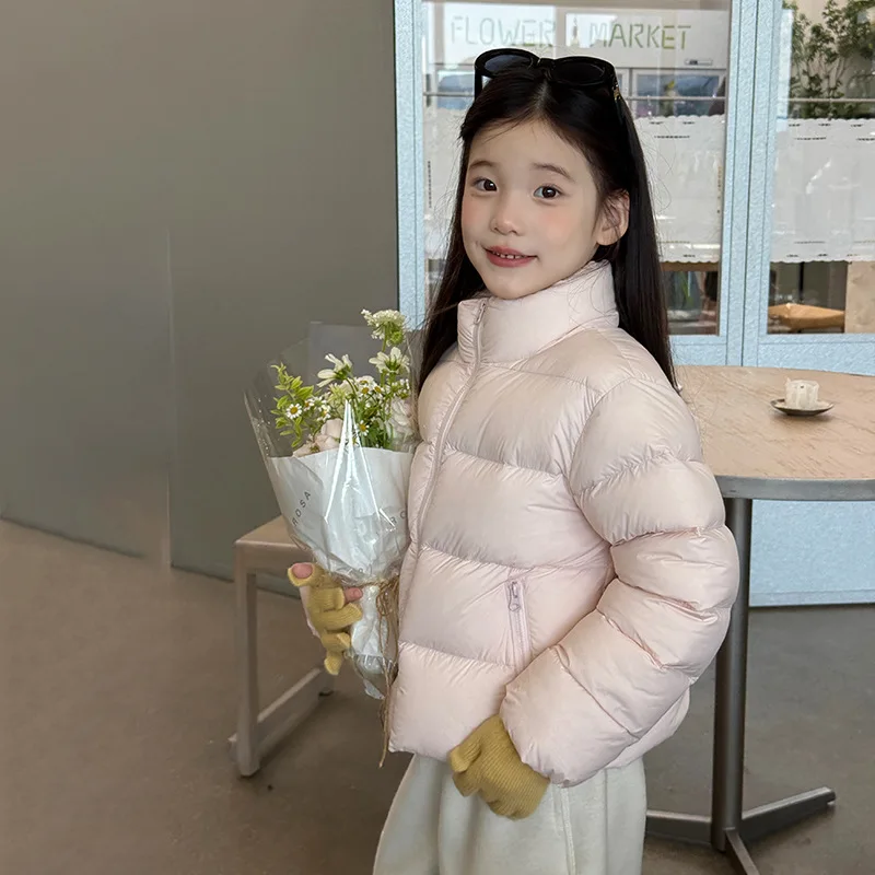 Children's White Duck Down Waterproof Korean Sweet Stand Up Collar Short Down Jacket, Warm and Thick Jacket