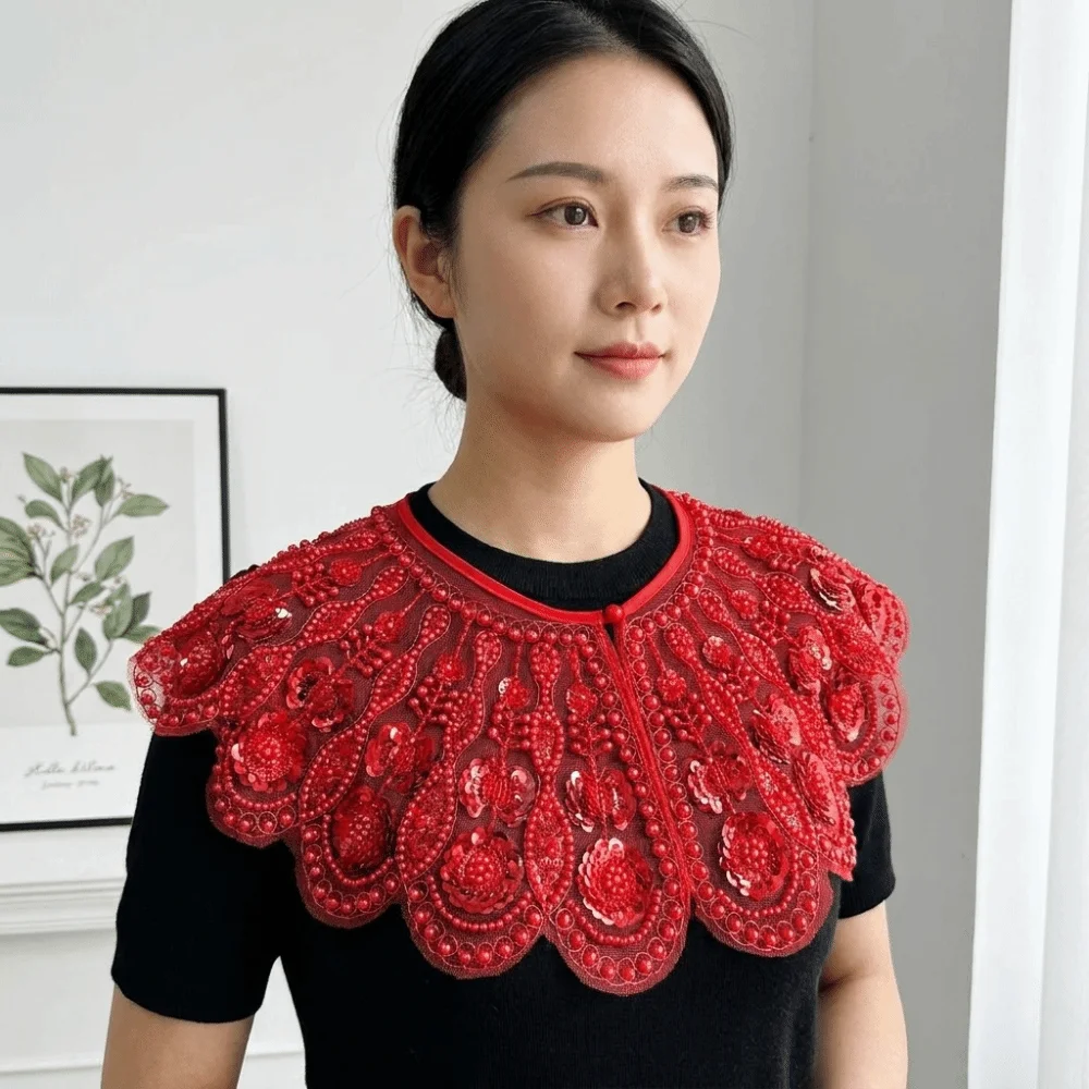 Detachable False Collar Embroidered Pattern Beaded Design Mesh Shawl Collar Sequined Embellishment Lace Texture
