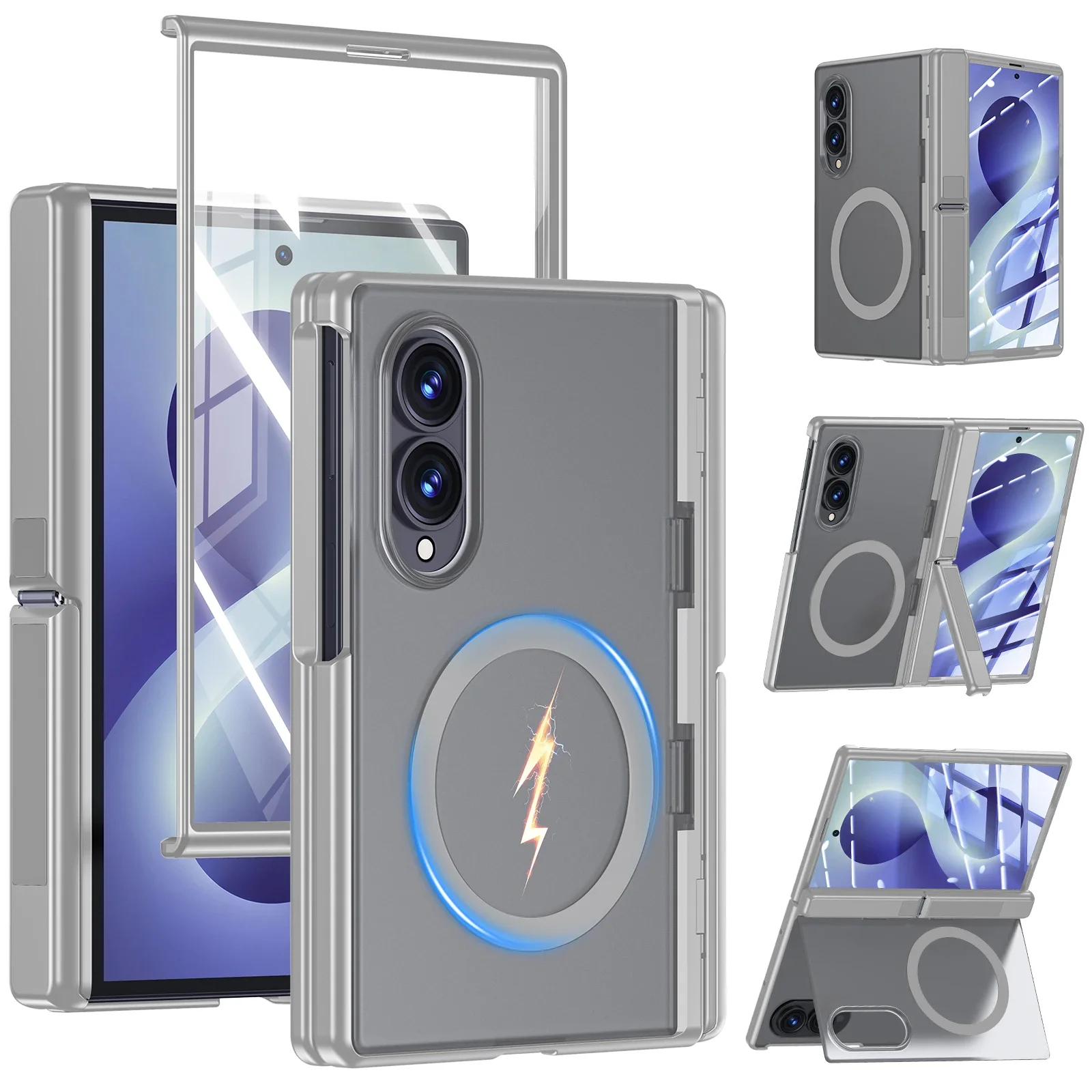 for Samsung Galaxy Fold 8 Case, with Kickstand, Screen Protector, Magnetic, Slim Translucent Matte Shockproof Case-Gray