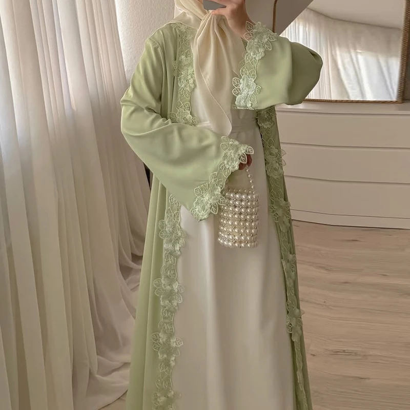 New Green Lace Floral Edge Long Sleeve Cardigans Elegant Solid V-neck Women's Commute Coat Muslim Fashion Simple Loose Outwear
