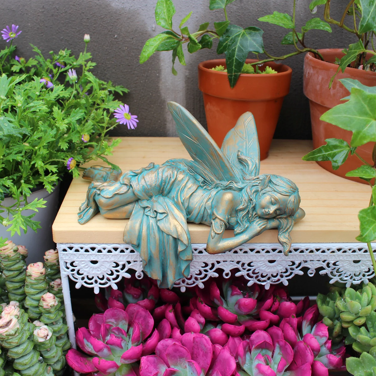 Resin Imitation Copper Sleeping Position Wings Elf Suitable for Desktop, Courtyard, Lawn, Flower Pot, Valentine's Day Gift