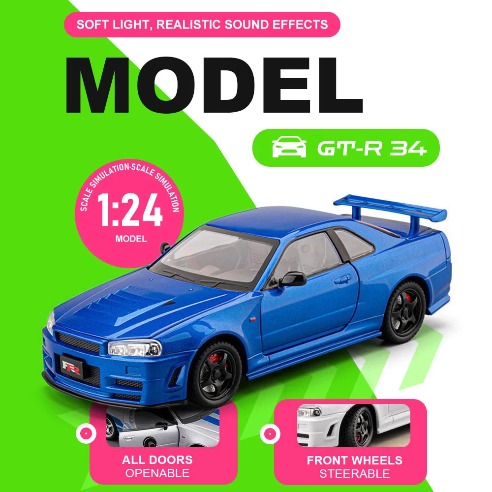 

1:24 Supercar GTR-R34 Miniature Model Toys Alloy Diecast Sound Light Doors Opened Pull Back Exquisite Sports Car Gifts for Kids