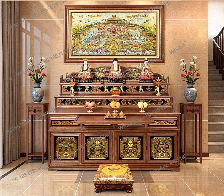 X Solid wood three-layer offering table household incense case pull offering cabinet step Buddha table